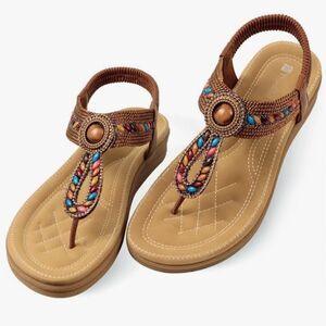 🩵⏭️NIB Brown Beaded Cushioned Boho Sandals Size 8